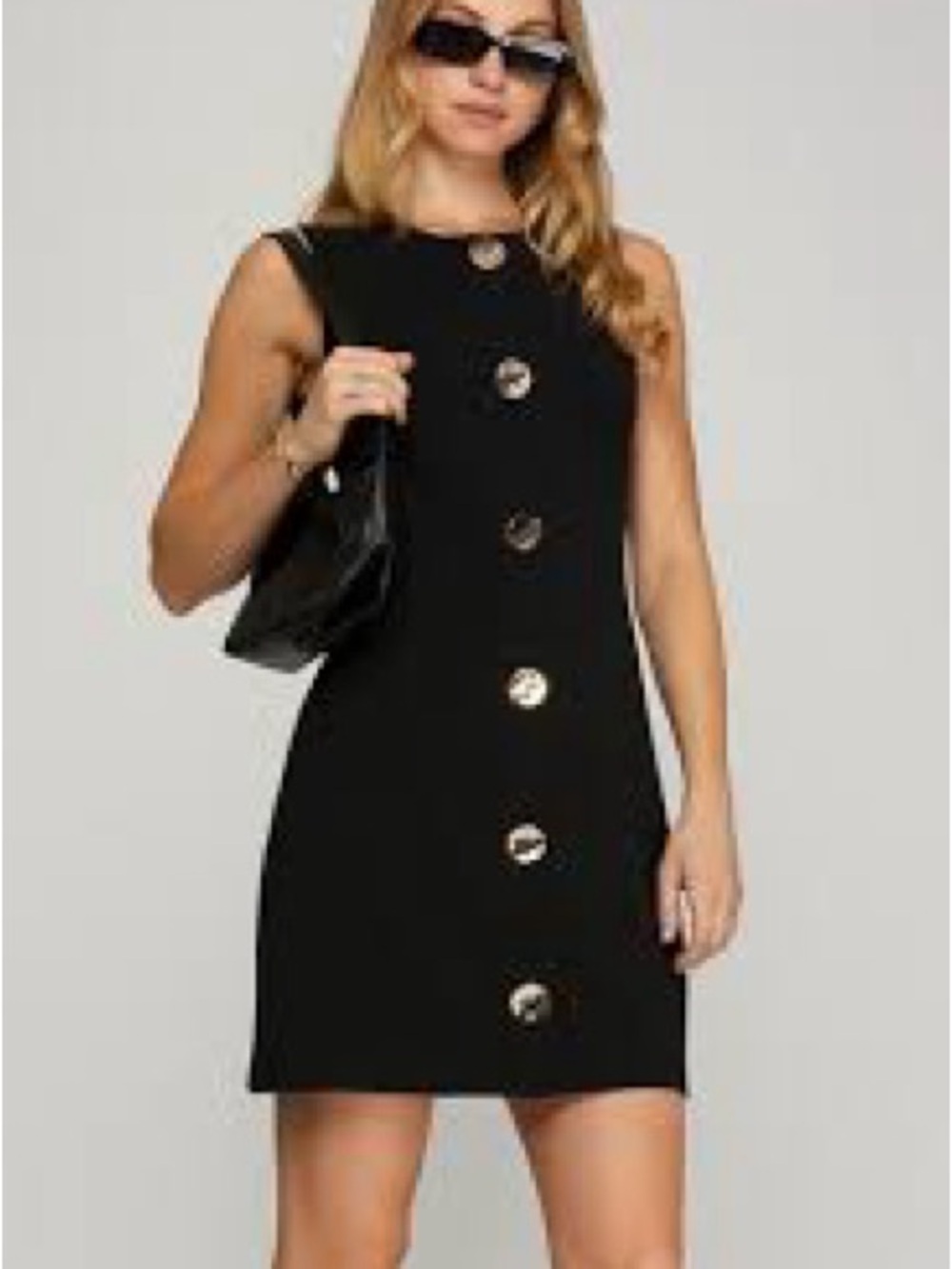 Black Sleeveless Shift Dress with Gold Button Accents